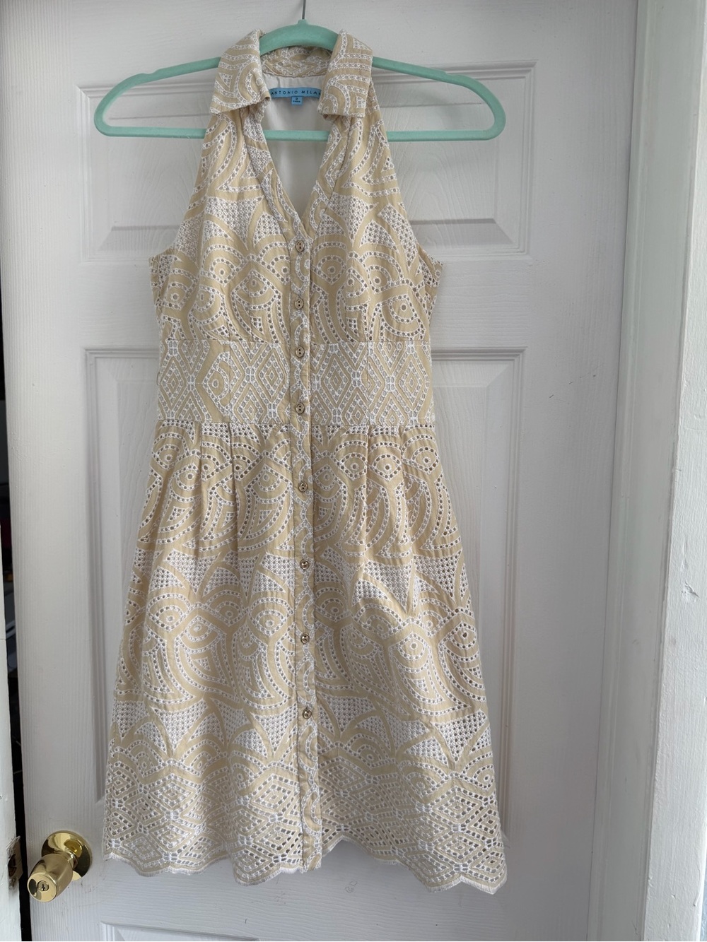 ANTONIO MELANI White and Beige Eyelet Halter Midi Dress
